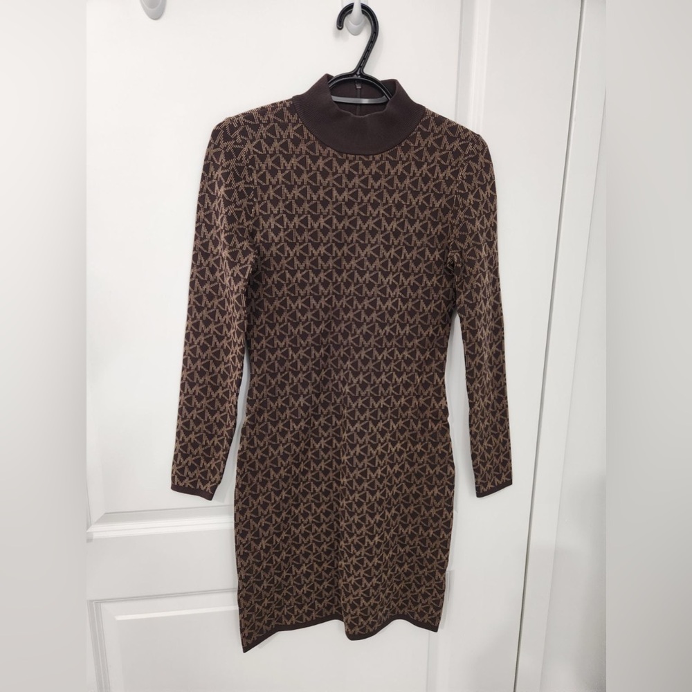 Michael Kors monogrammed brown high neck dress size small